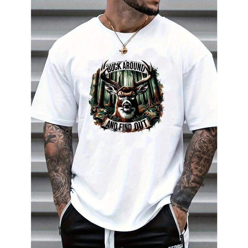 Men's Casual Reindeer Print T-Shirt - Soft Cotton, Crew Neck, Short Sleeve, Machine Washable