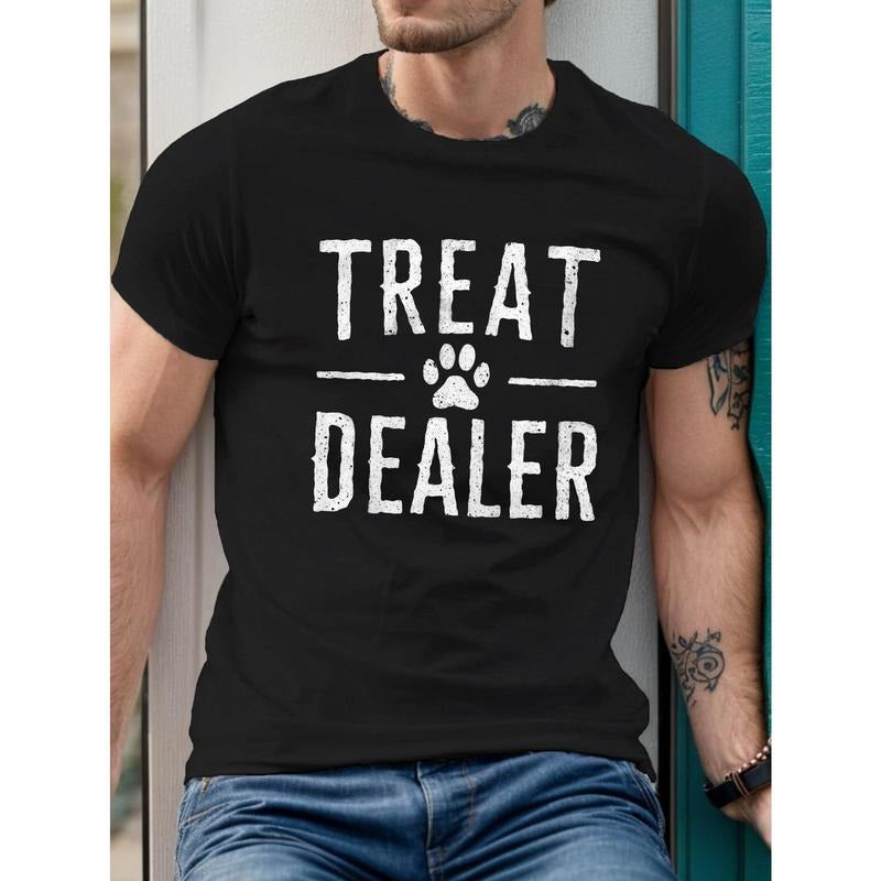 Men's Casual Short Sleeve T-Shirt with "TREAT DEALER" Print, Geometric Pattern, Knit Fabric, Regular Fit, Summer...