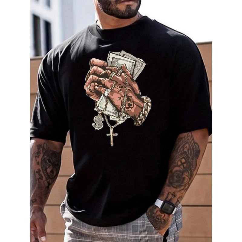 Men's Casual Summer Cross & Finger Gesture Print Short Sleeve T-Shirt Made in USA Hoodie, Sweatshirt | UrbanDripWear.com