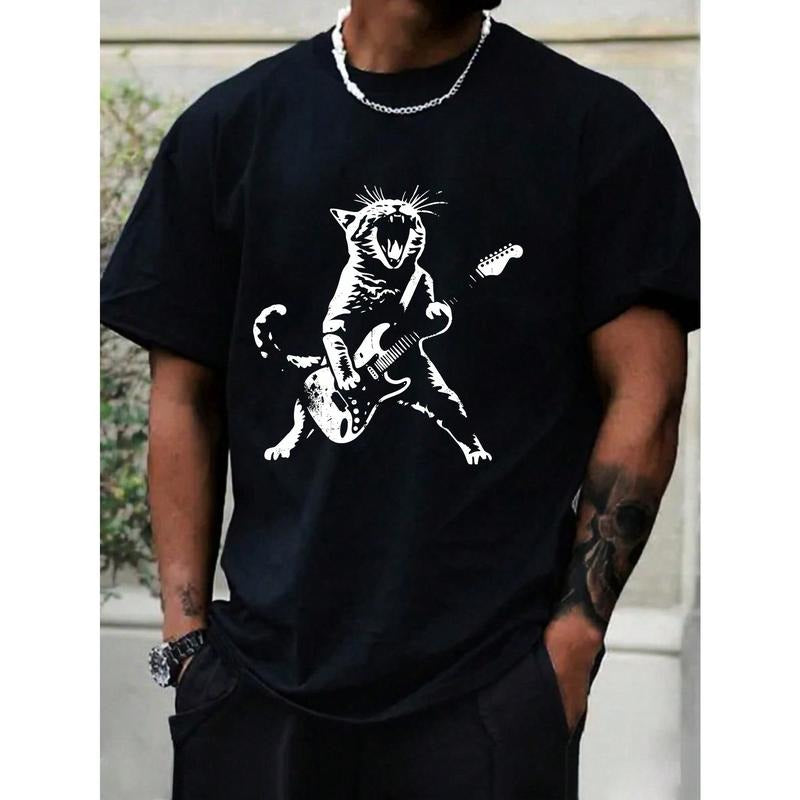 Men's Cat Playing Guitar Printed T-Shirt Made in USA Hoodie, Sweatshirt | UrbanDripWear.com