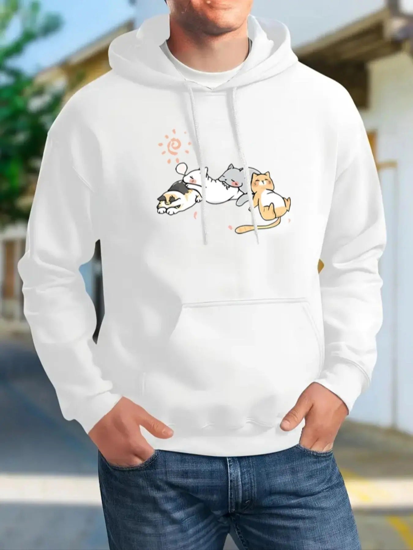 Men's Cat Print Drop Shoulder Hoodie, Regular Fit Fashion Casual Drawstring Pocket Hooded Sweatshirt for Daily Holiday...