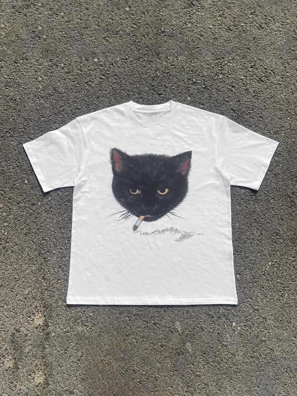 Men's Cat Print Round Neck Tee, Regular Fit Casual Short Sleeve Crew Neck T-Shirt for Daily Wear, Men's Top for Summer,...