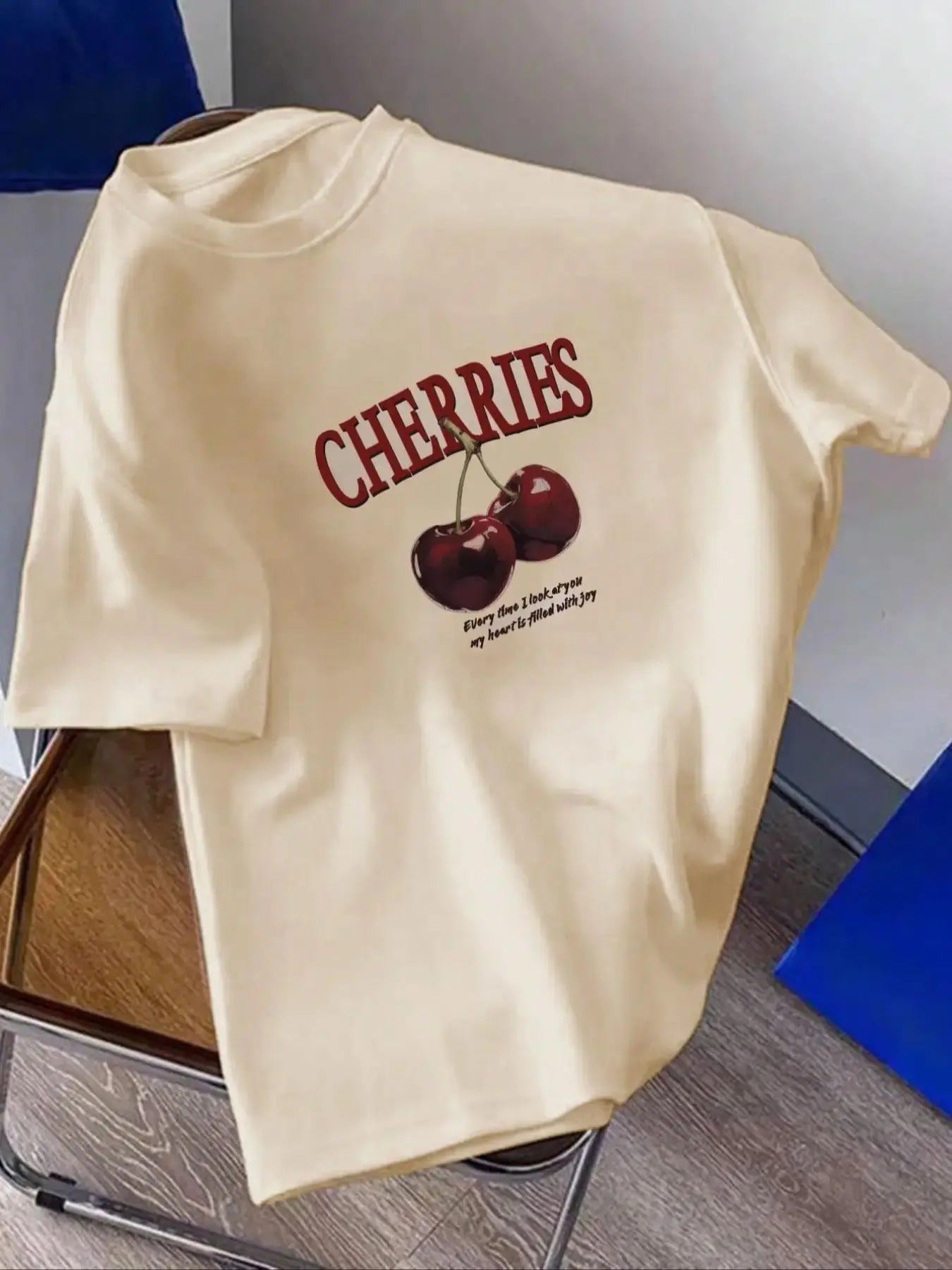 Men's Cherries & Letter Print Drop Shoulder Tee, Regular Fit Casual Street Short Sleeve Round Neck T-Shirt for Summer,...