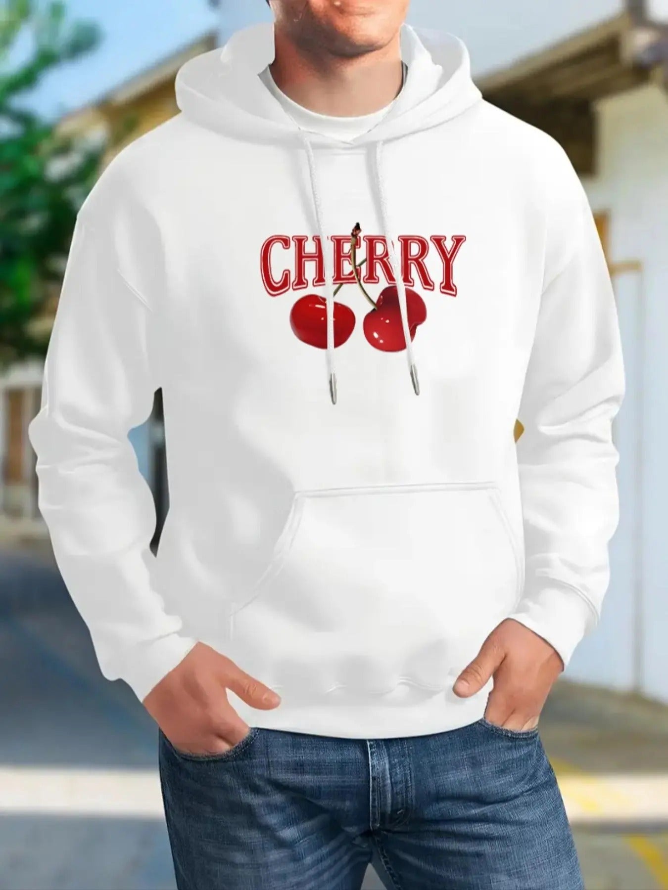 Men's Cherry & Letter Print Drop Shoulder Hoodie, Fashion Casual Regular Fit Drawstring Pocket Hooded Sweatshirt for...