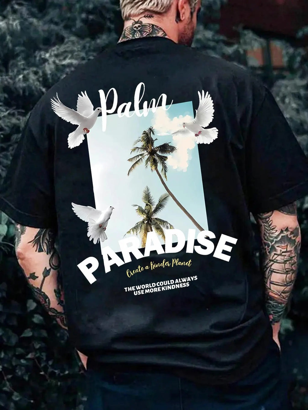 Men's Coconut Tree & Birds Graphic Print Round Neck Tee, Regular Fit Casual Short Sleeve T-shirt, Men's Summer Top for...