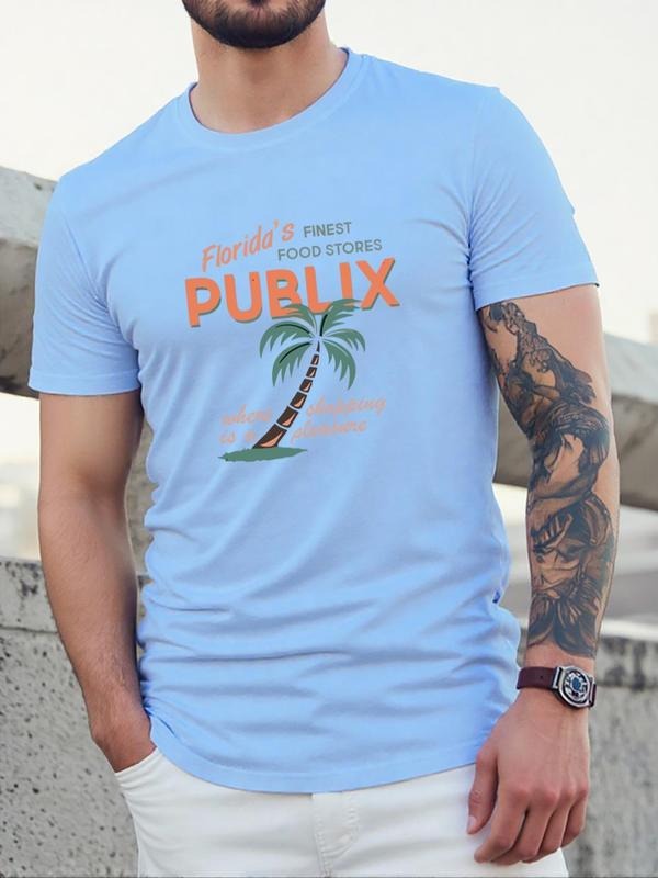 Men's Coconut Tree & Letter Print Round Neck Tee, Regular Fit Casual Short Sleeve Crew Neck T-shirt for Daily Wear, Men's...