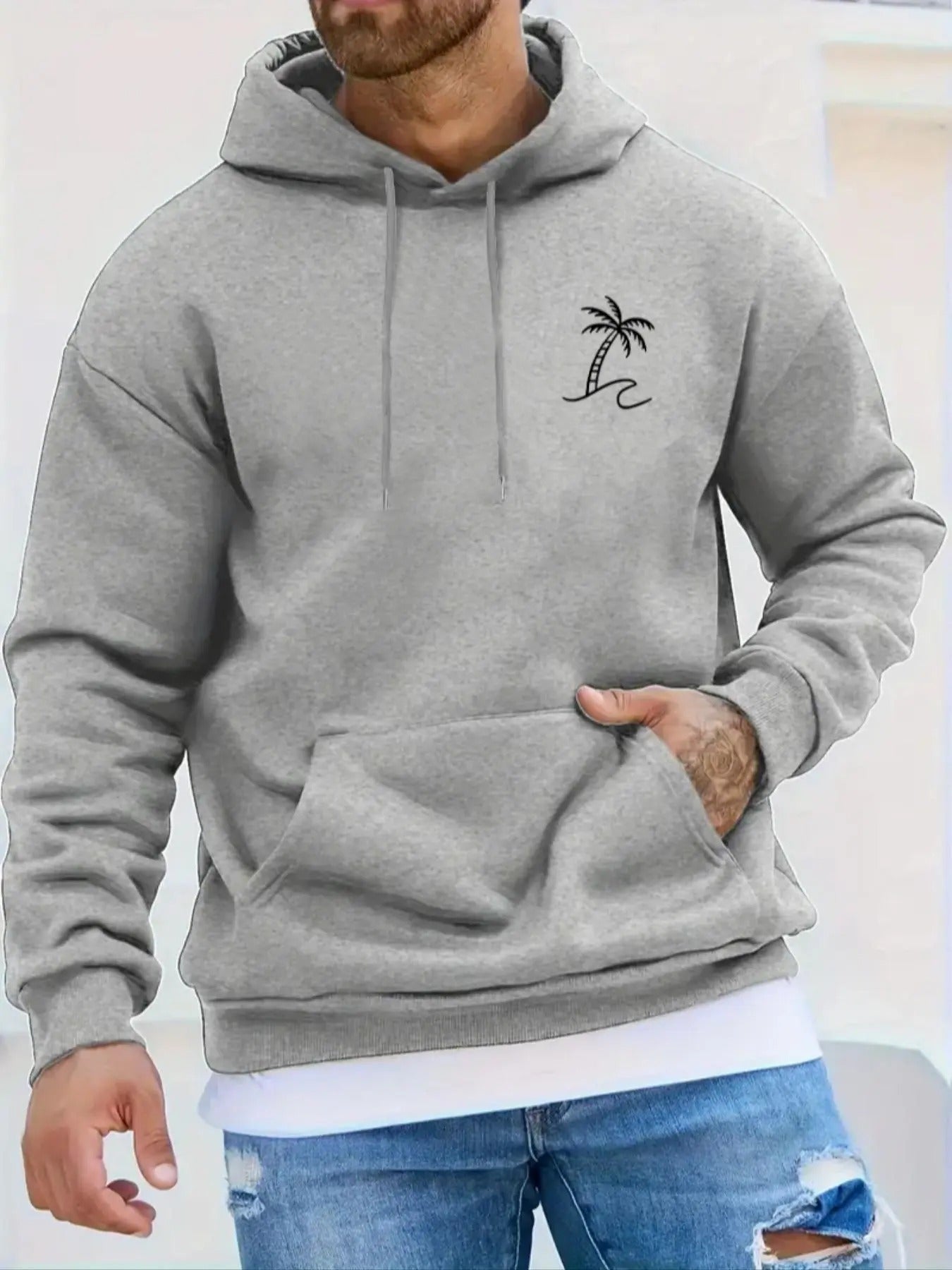 Men's Coconut Tree Print Drop Shoulder Hoodie, Fashion Casual Regular Fit Drawstring Pocket Hooded Sweatshirt for Daily...