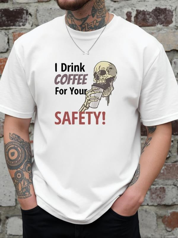 Men's Coffee & Skeleton Print Round Neck Tee, Regular Fit Casual Letter Graphic Short Sleeve T-Shirt for Daily Wear,...