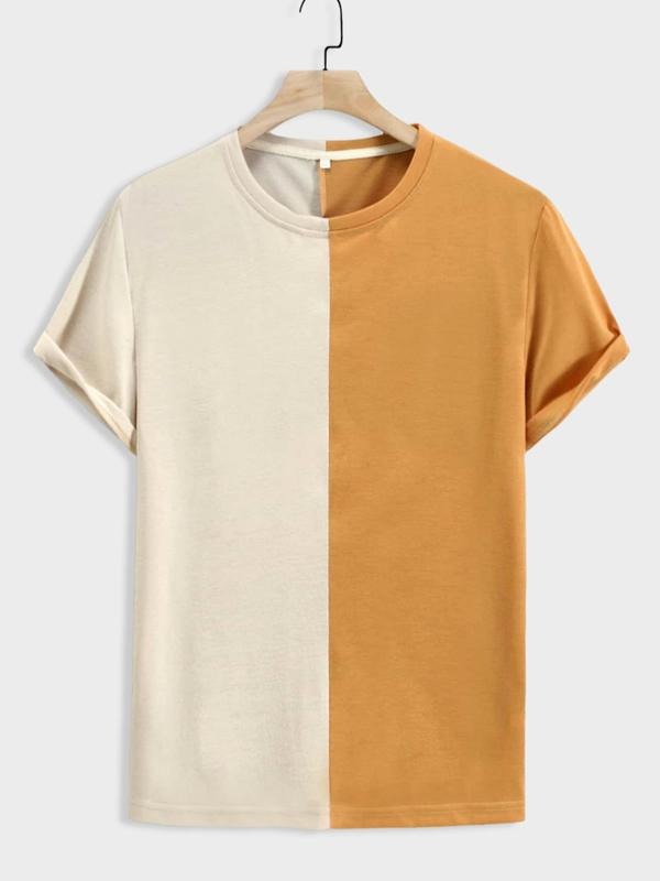 Men's Colorblock Print Round Neck Tee, Summer Clothes, Regular Fit Short Sleeve Crew Neck T-shirt For Daily Wear, Soft...