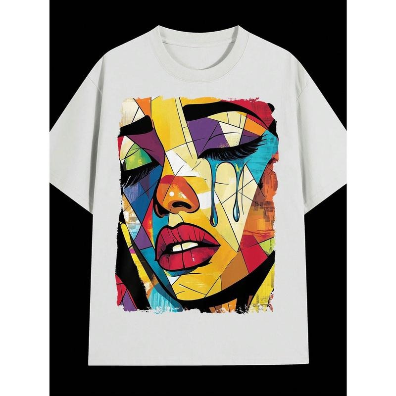Men's Colorful Abstract Face Pop Art Tee | Short Sleeve Crewneck T-Shirt  Crew Neck  Short Sleeve Perfect For Artistic...