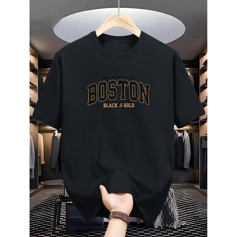 Men's Comfortable 100% Polyester Knit Fabric Casual Crew Neck T-Shirt with Boston Print, Slight Stretch, Summer...
