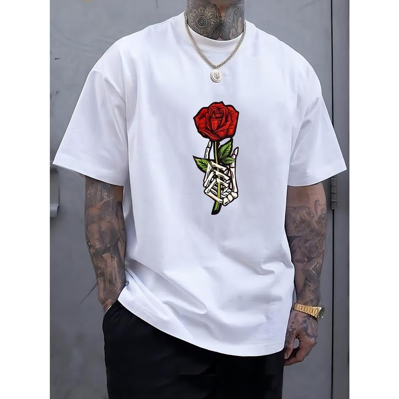 Men's Comfy Round Crew Neck Short Sleeve Tee, Breathable Fashion T-Shirt with Rose Pattern Print for Spring Summer...