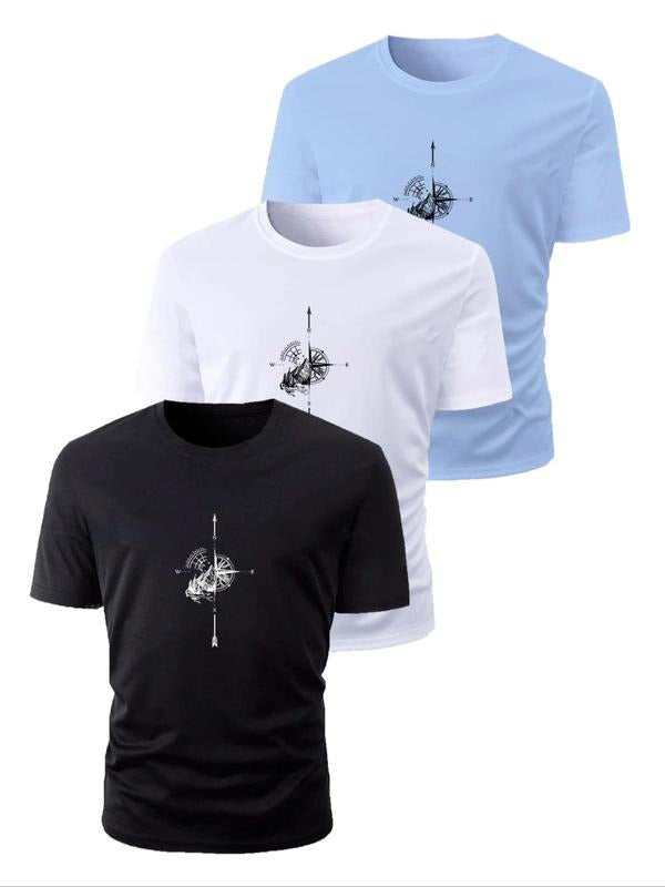 Men's Compass & Mountain Print Round Neck Tee, Regular Fit Casual Comfy Short Sleeve Crew Neck T-shirt for Summer, Men's...