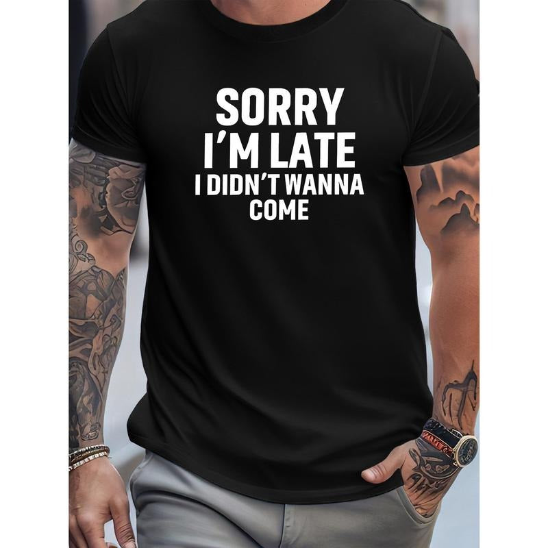 Men's Cotton Casual T-Shirt with Funny Slogan, Crew Neck, Short Sleeve, Regular Fit, Rib-Knit Summer Tee with Slight Stretch