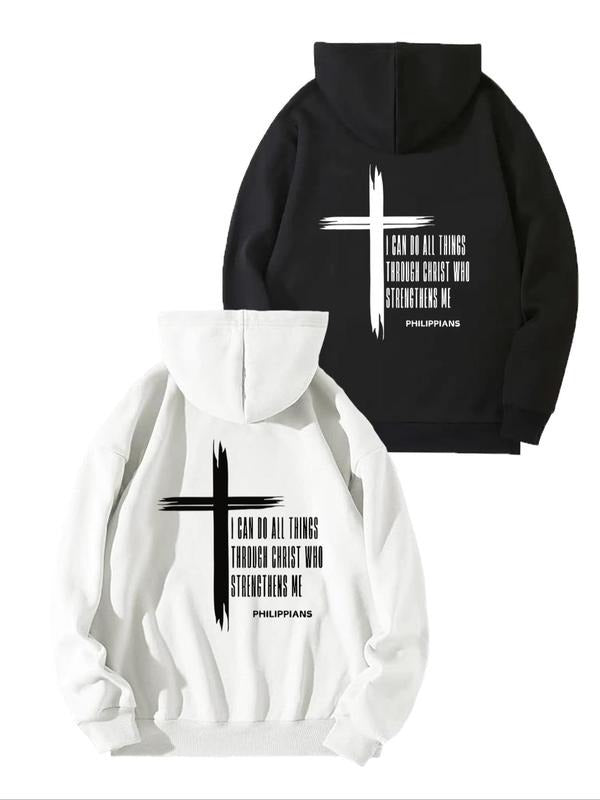 Men's Cross & Letter Print Drop Shoulder Hoodie, Fashion Casual Regular Fit Drawstring Pocket Hooded Sweatshirt for Daily...