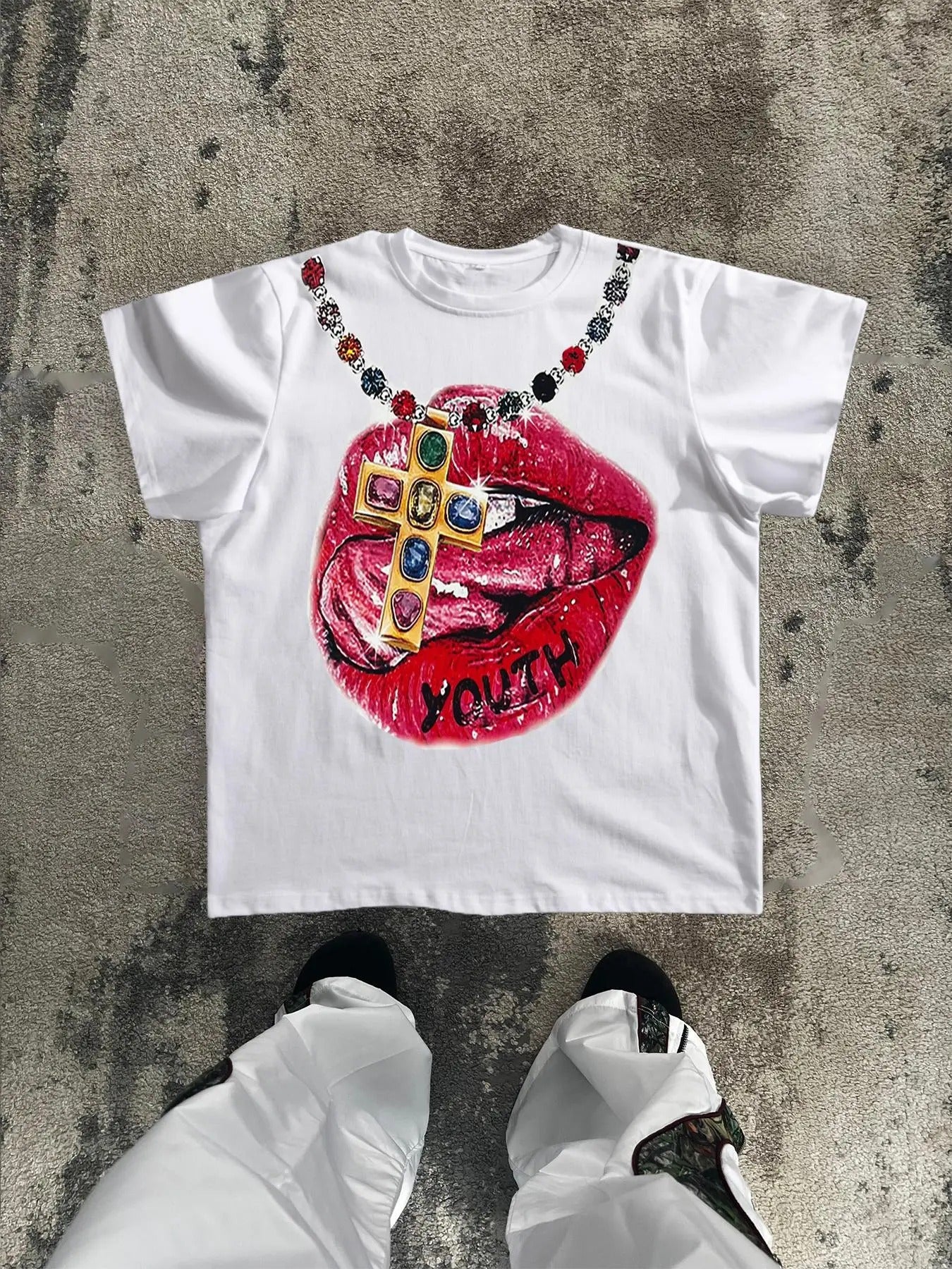 Men's Cross Necklace & Letter & Lip Print Round Neck Tee, Regular Fit Fashion Casual Short Sleeve T-shirt for Daily Wear,...