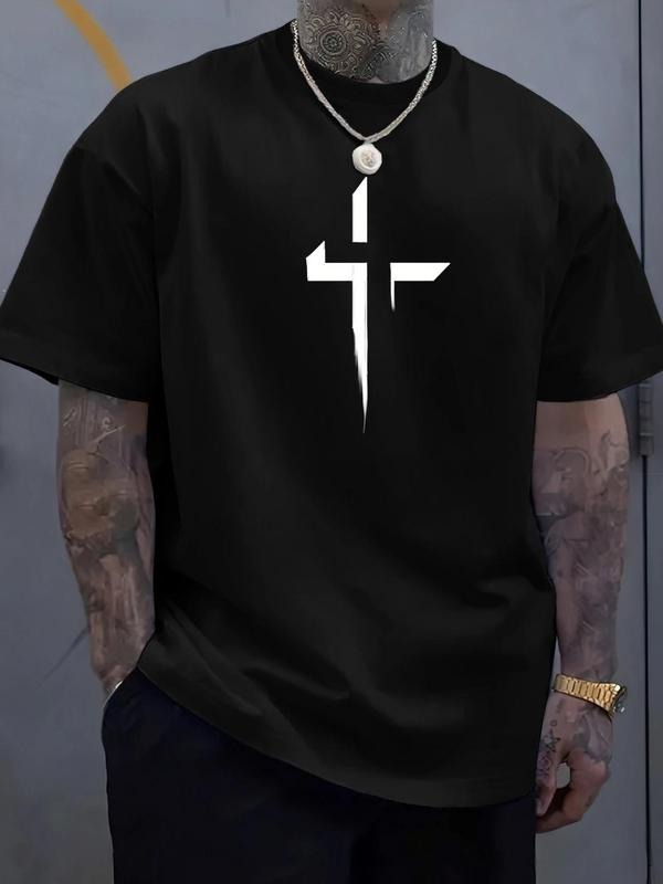 Men's Cross Print Round Neck Tee, Regular Fit Casual Short Sleeve Crew Neck T-Shirt for Daily Wear, Fashion Men's Top for...