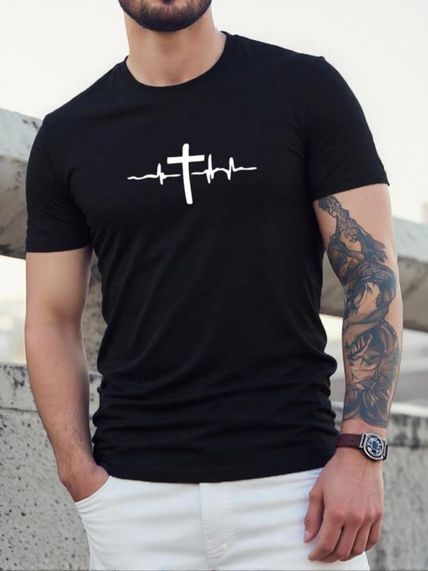Men's Cross Print Round Neck Tee, Regular Fit Casual Short Sleeve Crew Neck T-Shirt for Daily Wear, Men's Top for All...