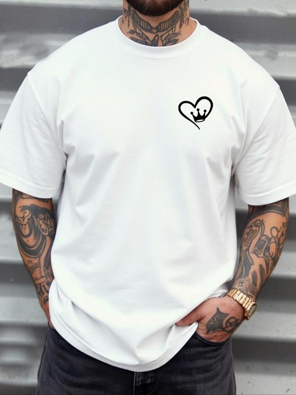 Men's Crown & Heart Print Round Neck Tee, Regular Fit Casual Short Sleeve Crew Neck T-Shirt for Daily Wear, Men's Top for...