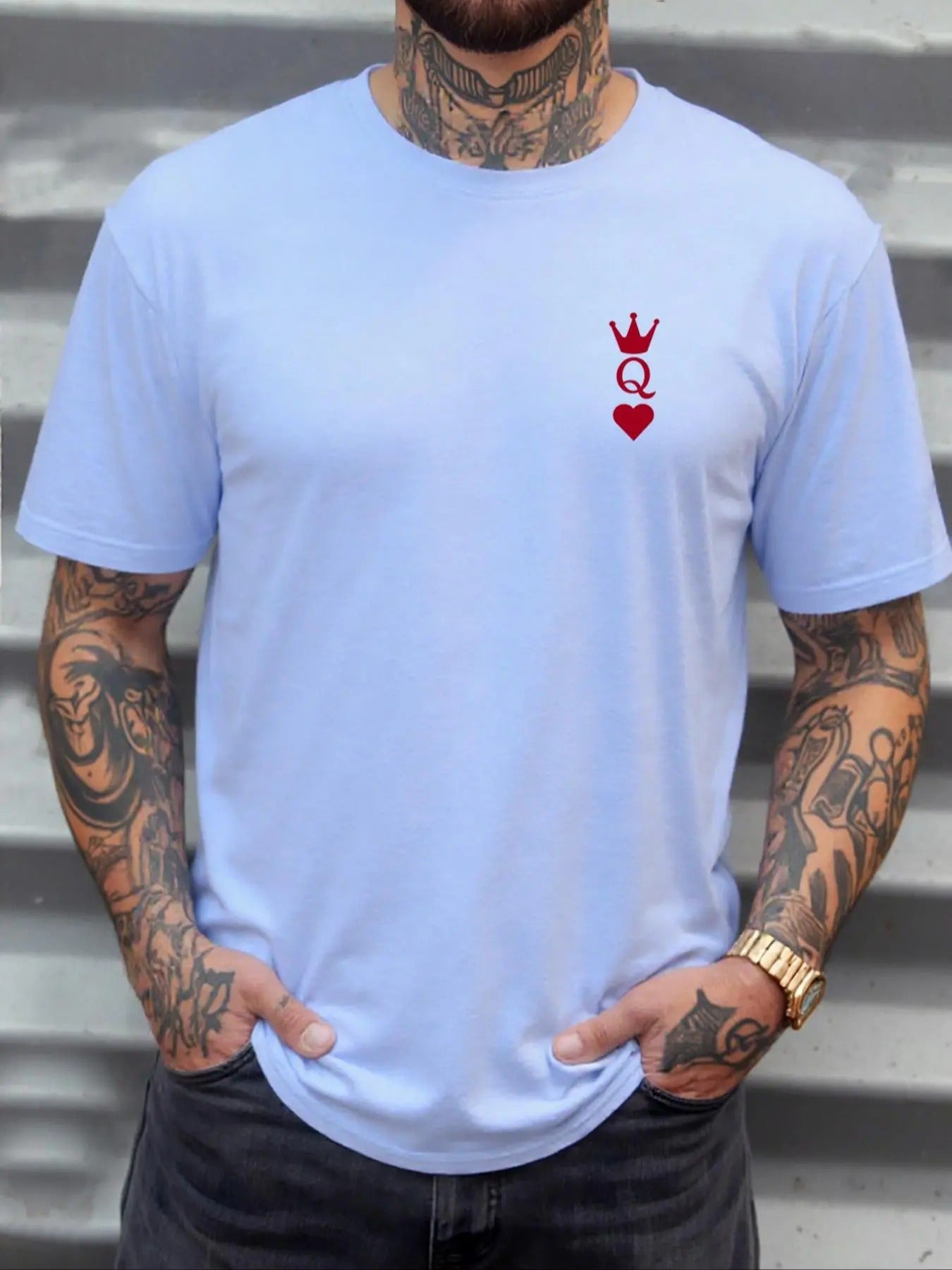 Men's Crown & Heart Print Round Neck Tee, Regular Fit Casual Short Sleeve Crew Neck T-Shirt for Daily Wear, Men's Top for...