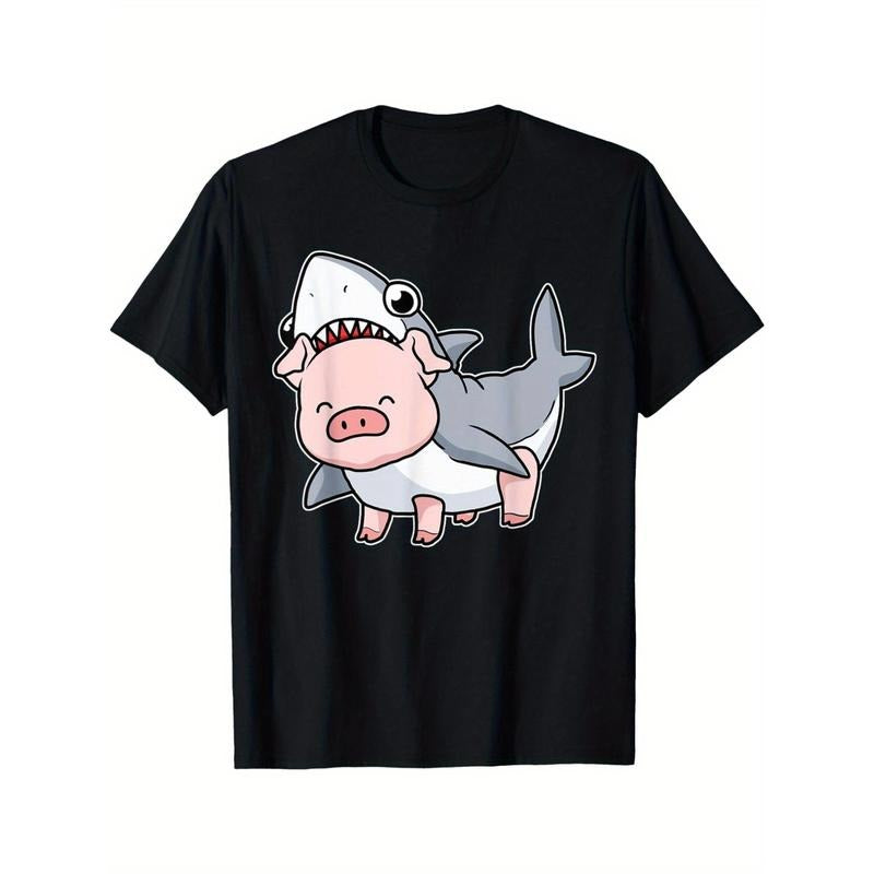 Men's Cute Pig Graphic Tee - 100% Cotton, Casual Round Neck T-Shirt with Geometric Design, Machine Washable