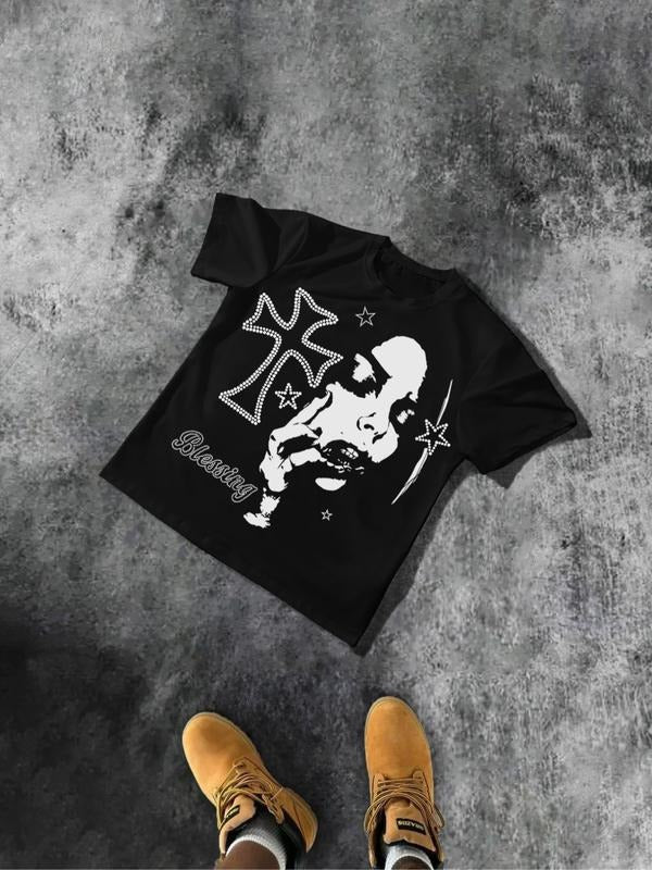 Men's Dark Street Style Rhinestone Cross Portrait Short Sleeve T-Shirt, Base, Cool Design, Trendy Casual Wear Hoodie,...