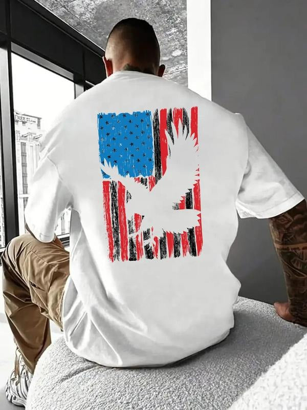 Men's Eagle & American Flag Print Round Neck Tee, Loose Casual Fashion Short Sleeve T-shirt for Summer, Men's Top for...