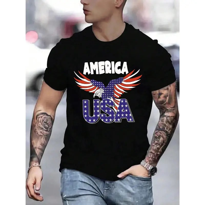 Men's Eagle And Letter Printed Short Sleeve T-Shirt made in usa Hoodie, Sweatshirt | UrbanDripWear.com