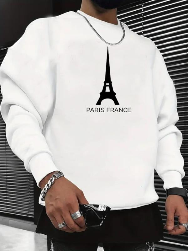 Men's Eiffel Tower & Letter Print Round Neck Sweatshirt, Regular Fit Casual Fashion Long Sleeve Pullover for Daily Wear,...