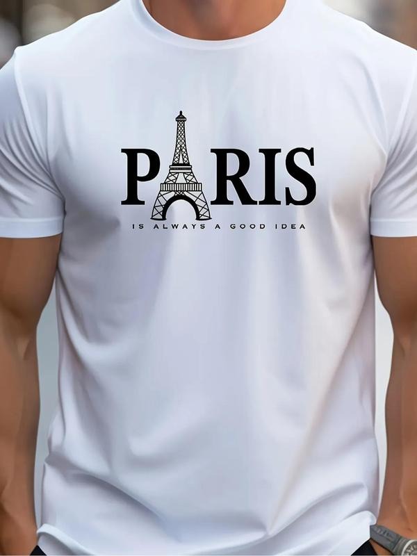 Men's Eiffel Tower & Letter Print Round Neck Tee, Regular Fit Casual Short Sleeve Crew Neck T-Shirt for Daily Wear, Men's...