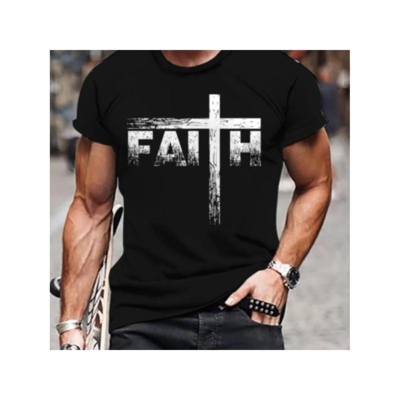 Men's Faith Print T-shirt, Casual Short Sleeve Crew Neck Tee, Men's Clothing For Outdoor Hoodie, Sweatshirt