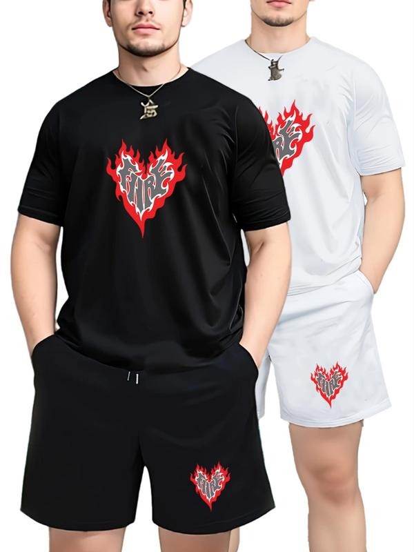 Men's Flame Heart Print Short Sleeve Tee & Shorts Set, Casual Round Neck T-shirt & Track Shorts, Men's Clothing for Daily...