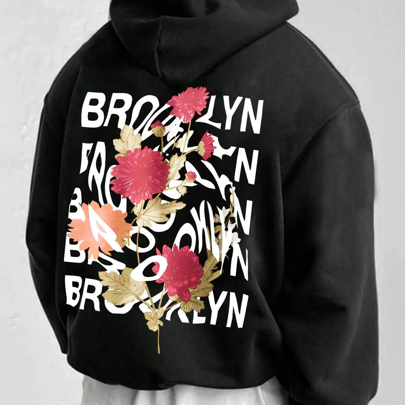 Men's Floral & Letter Print Drop Shoulder Hoodie, Fashion Casual Regular Fit Drawstring Pocket Hooded Sweatshirt for...