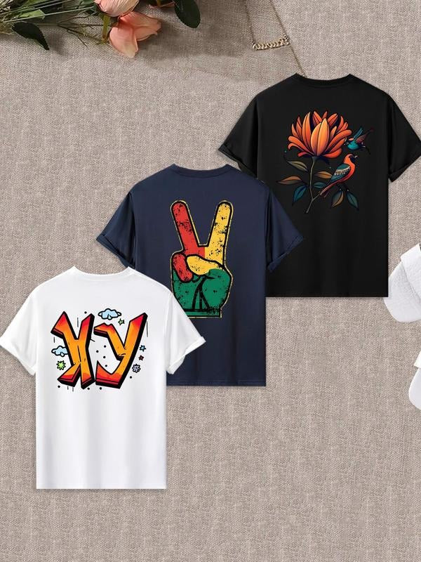 Men's Floral & Letter Print Graphic Round Neck Tee, Loose Casual Short Sleeve T-shirt for Summer, Men's Top for Daily...