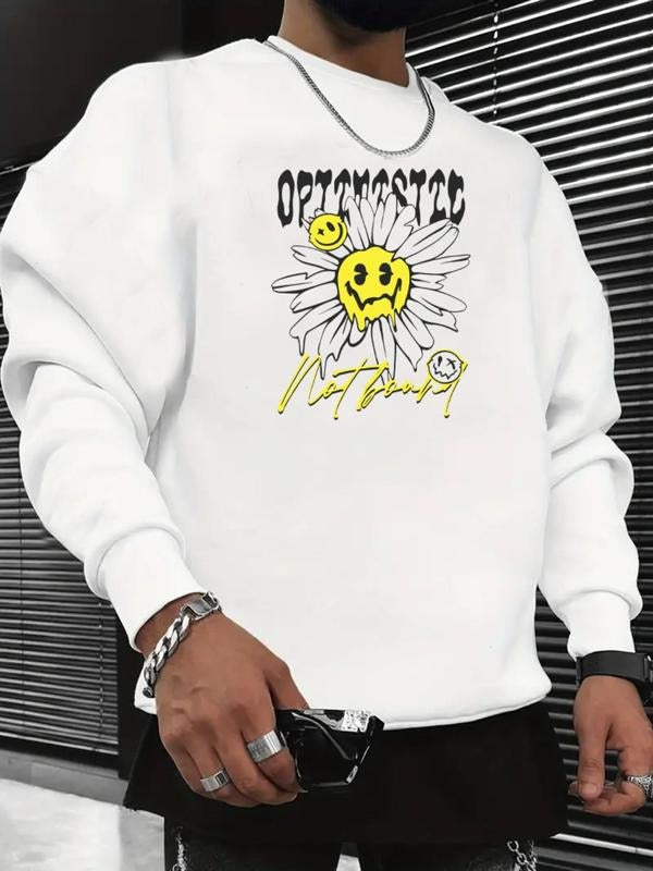 Men's Floral & Letter Print Round Neck Sweatshirt, Regular Fit Casual Fashion Drop Shoulder Long Sleeve Pullover, Men's...