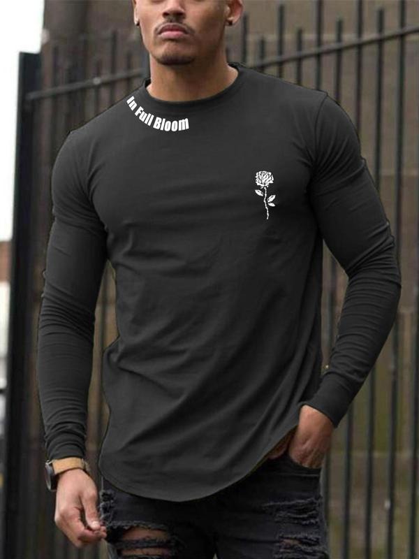 Men's Floral & Letter Print Round Neck Tee, Regular Fit Long Sleeve Crew Neck T-Shirt for All Seasons, Men's Top for...