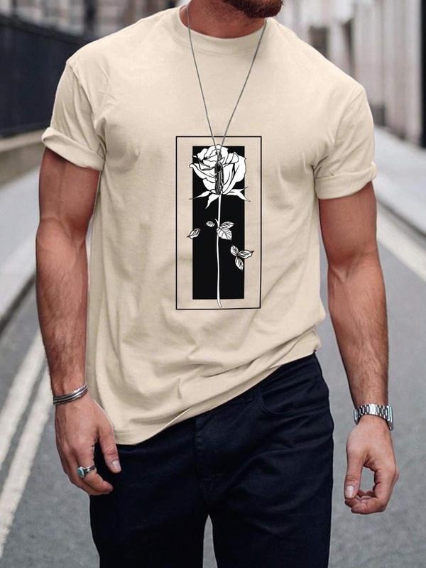 Men's Floral Print Round Neck Shortsleeve Streetwear Tee, Summer Clothes Regular Fit Basic Short Sleeve Crew Neck...