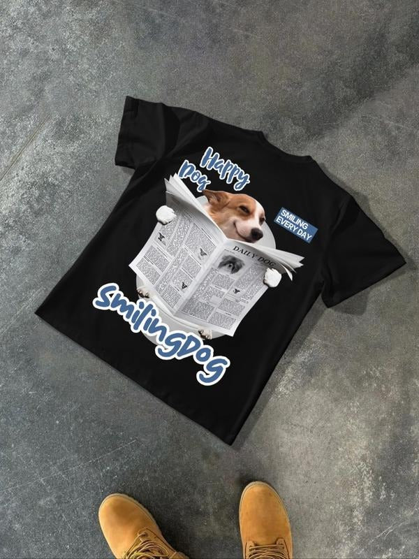 Men's Fun Pet Print Short Sleeve T-Shirt, Cotton Loose Fit, Front Cute Dog Design, Back Reading Dog Graphic, Casual Daily...