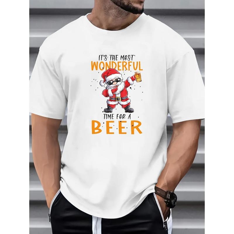 Men's Fun Santa Claus Drinking Beer Graphic Tee - Casual Cotton Blend, Short Sleeve, Round Neck T-Shirt for Summer Made...