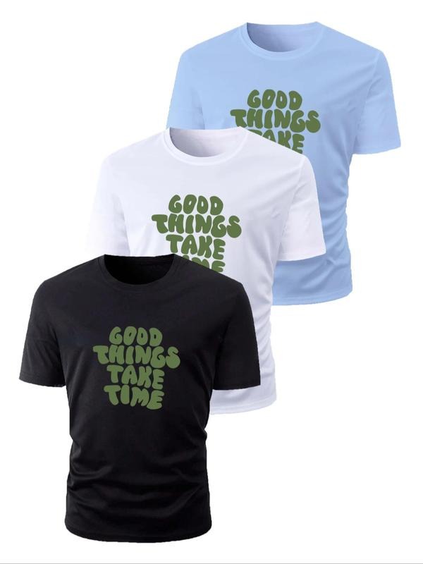 Men's Good Things Take Time Slogan  Print Round Neck Tee, Regular Fit Casual Comfy Short Sleeve Crew Neck T-shirt for...