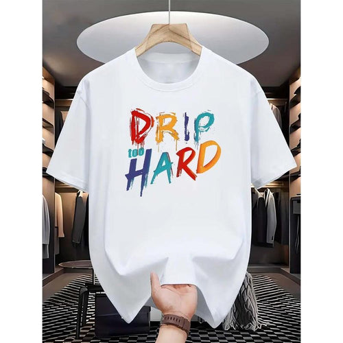 Men's Graphic T-Shirt "Drip Too Hard" Lettering, Colorful Print Casual Crew Neck Tee, Polyester Knit Fabric, Regular Fit...