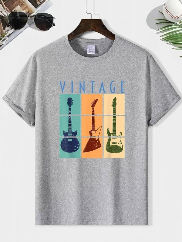 Men's Guitar & Letter Print Round Neck Graphic Tee, Vintage Trendy Casual Short Sleeve T-shirt for Daily Wear, Ladies...