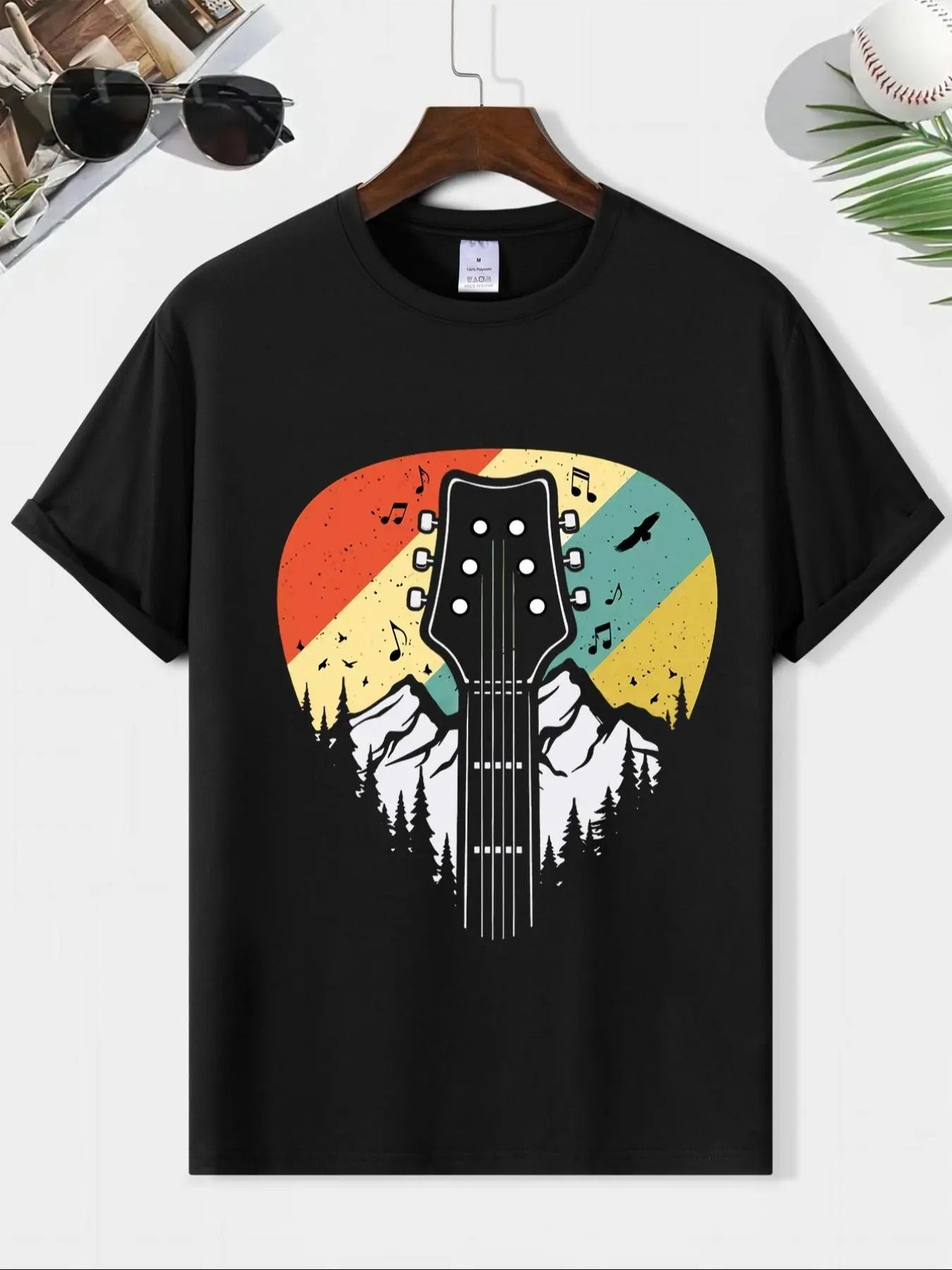 Men's Guitar & Mountain Print Round Neck Tee, Casual Short Sleeve Crew Neck T-shirt for Daily Wear, Streetwear, Men's...