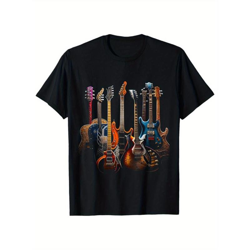 Men's Guitar Graphic Tee - Short Sleeve Crew Neck Cotton T-shirt for Outdoor Casual Wear with Comfortable Fit and Stylish...