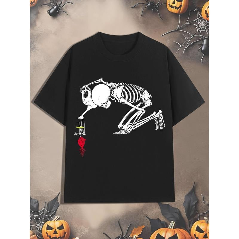 Men's Halloween  Cotton T-Shirt, Casual Round Neck Short Sleeve Tee with Skull Watering Organ Print, Breathable and...