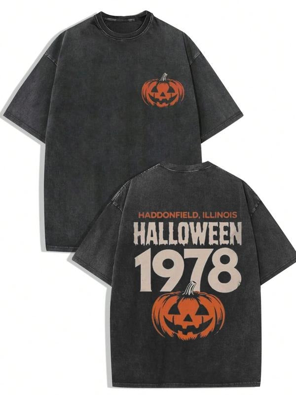 Men's Halloween Shirt, Vintage Wash Pumpkin Print Tee, Casual Fitted Long Sleeve Top, Comfortable Street Fashion for...