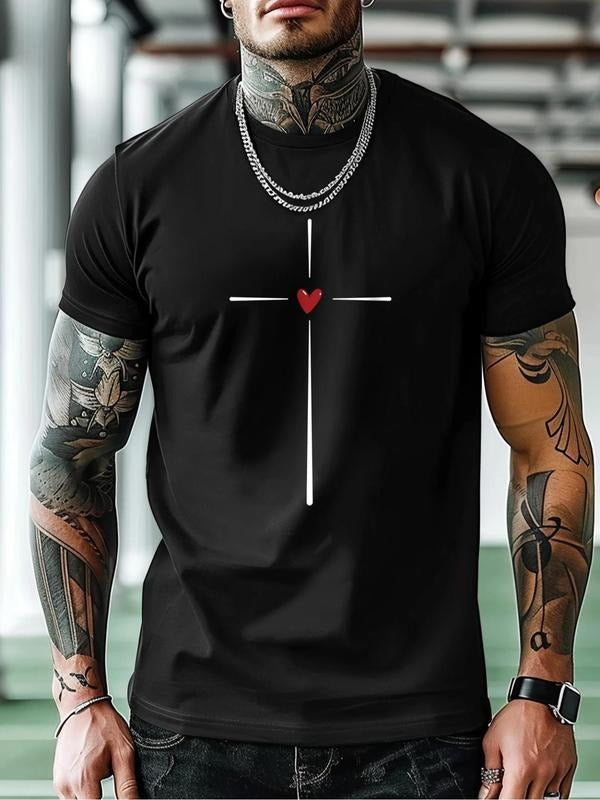 Men's Heart & Cross Print Round Neck Tee, Regular Fit Casual Short Sleeve Crew Neck T-Shirt for Daily Wear, Men's Top for...