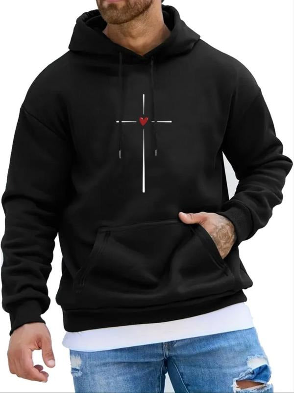 Men's Heart Print Pocket Drawstring Hoodie, Regular Fit Casual Drop Shoulder Long Sleeve Hooded Sweatshirt, Men's Fall &...