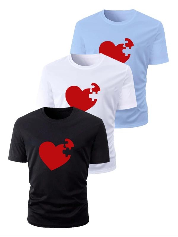 Men's Heart Print Round Neck Tee, Regular Fit Casual Short Sleeve Crew Neck T-Shirt for Summer, Men's Top for Daily Wear...