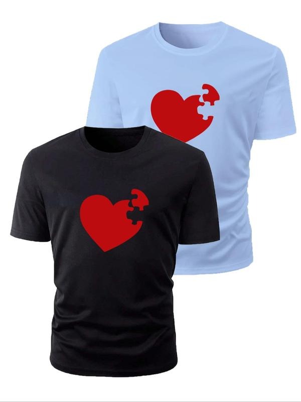 Men's Heart Print Round Neck Tee, Regular Fit Casual Short Sleeve Crew Neck T-shirt for Daily Wear, Men's Top for Summer...